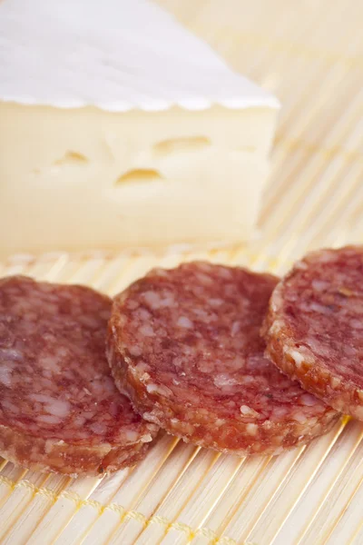 stock image Delicious camembert and salami