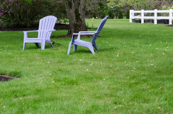 绿色的草坪上两个紫色的椅子 — 图库照片