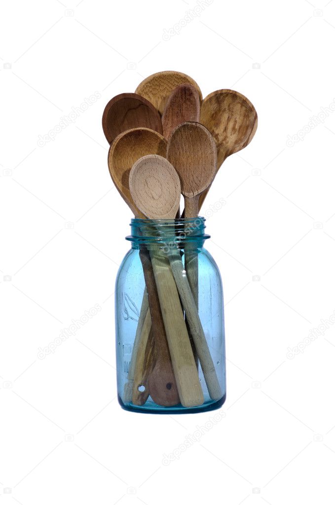 Wooden spoons in a blue canning jar