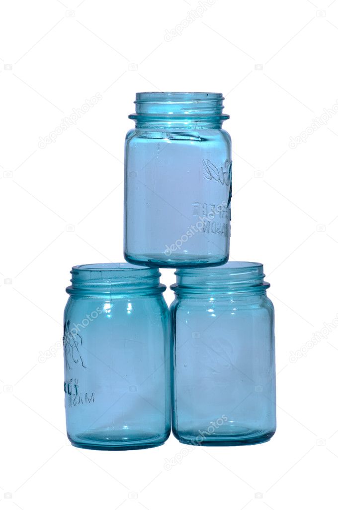 Three blue canning jars