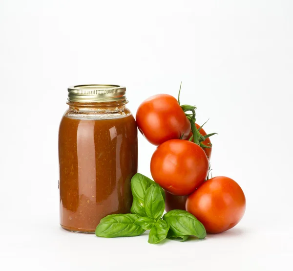 Basil tomatoes and tomato sauce — Stock Photo, Image