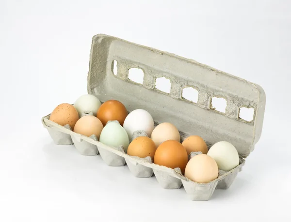 Jaja w karton kartonu różne kolory — Zdjęcie stockowe