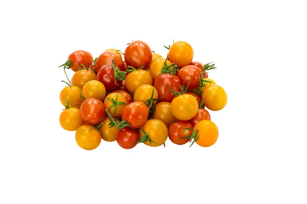 Tomates cherry rojos amarillos y anaranjados aislados sobre blanco — Foto de Stock