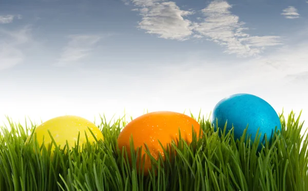 Mavi gökyüzünün altında çim üç renkli Paskalya yumurtaları — Stok fotoğraf