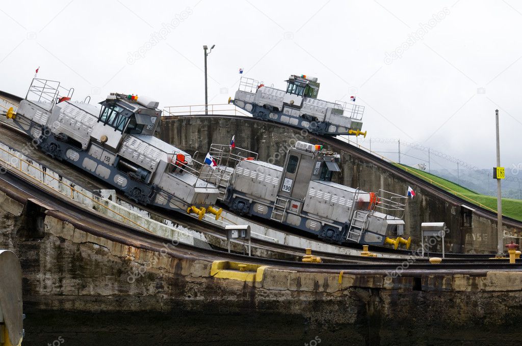 Three electric locomotives on the Panama Canal