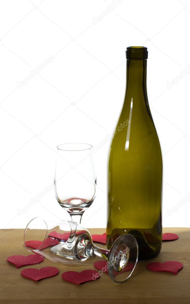 Wine bottle and glasses ready for Valentines day