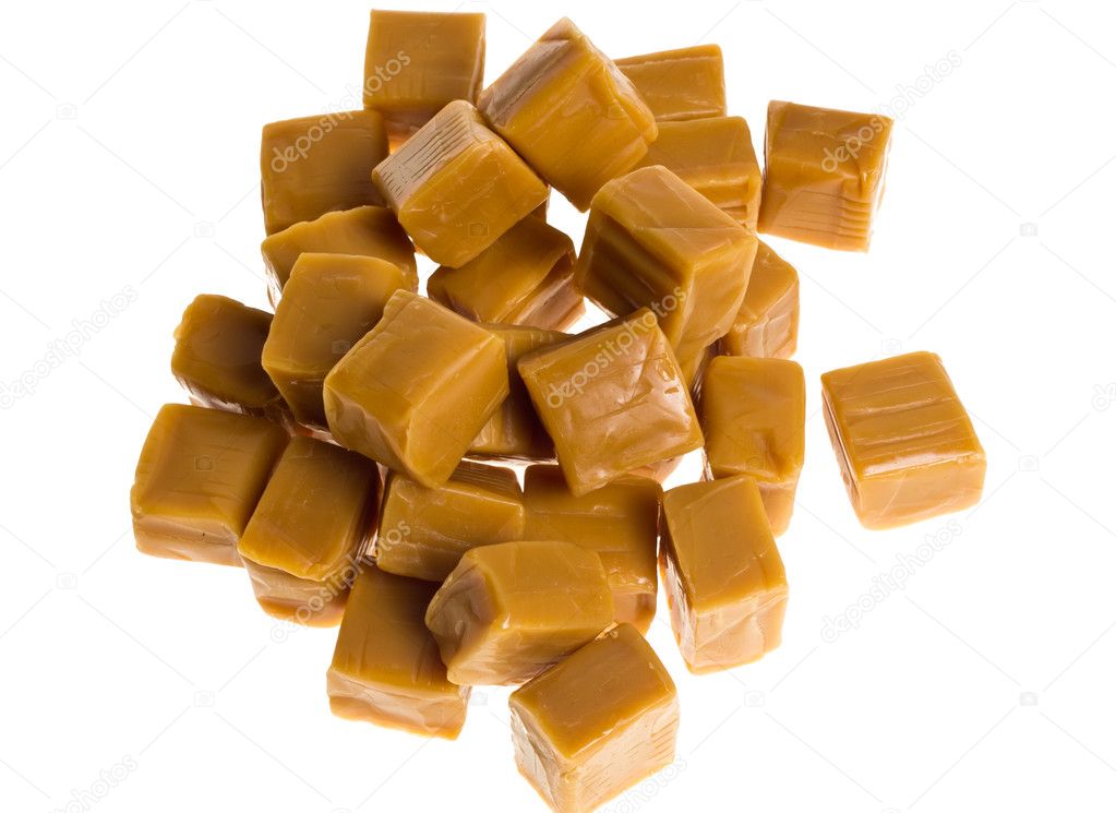 Caramel cubes in a pile
