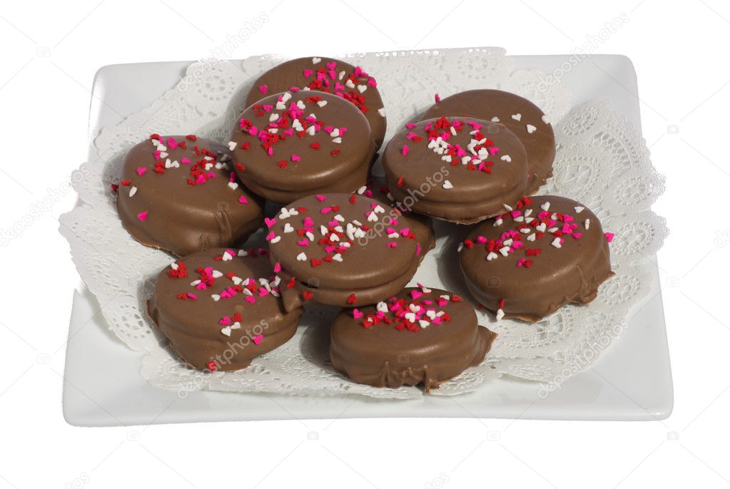 Plate of ten chocolate cookies with hearts