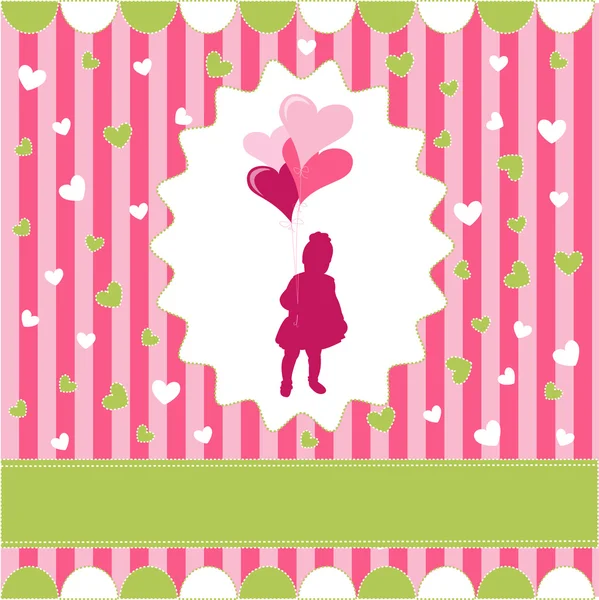 Menina com balão, papel de parede rosa —  Vetores de Stock