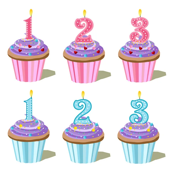 Söta nummer ett, nummer två, nummer tre cupcake — Stock vektor