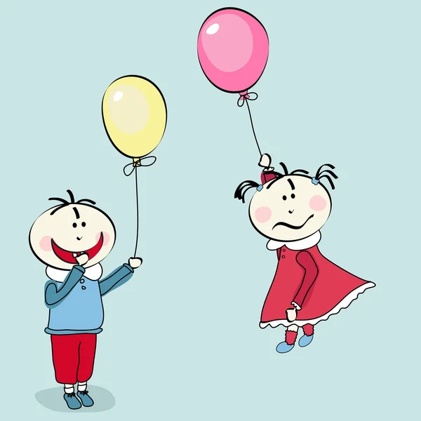 행복 한 작은 소년 및 어린 소녀는 풍선 비행 — 스톡 벡터
