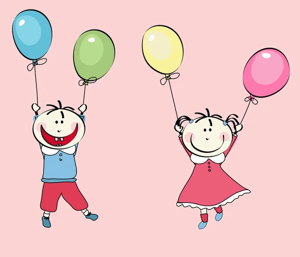 Feliz niño y niña volando con los globos — Vector de stock