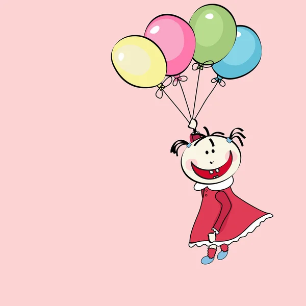 Feliz niña volando con los globos — Vector de stock