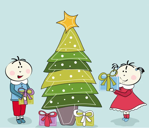 Küçük kız, küçük erkek ve Noel ağacı — Stok Vektör
