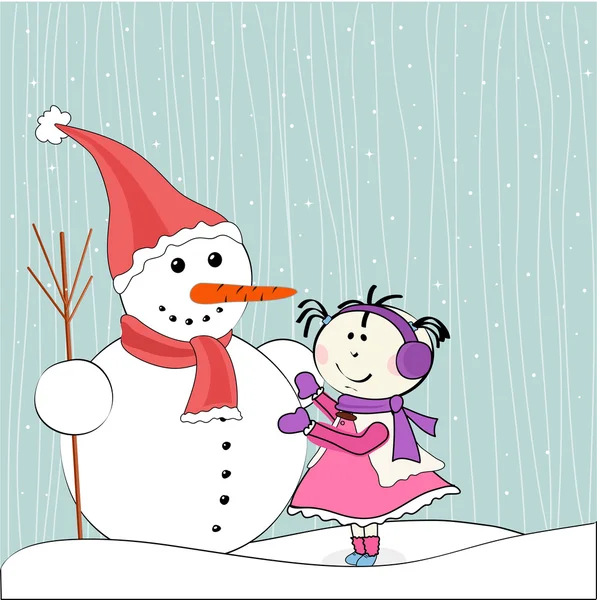 Weihnachten Winter Schneemann und kleines Mädchen — Stockvektor