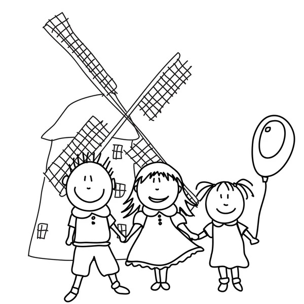 Crianças felizes e moinho de vento —  Vetores de Stock
