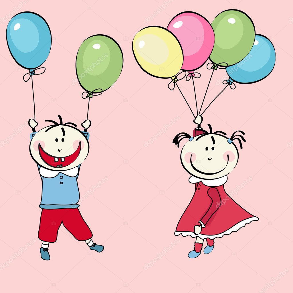 Happy little boy and little girl flying with the balloons