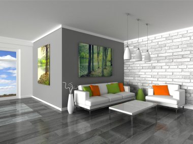 Interior of the modern room, grey wall and white sofas clipart