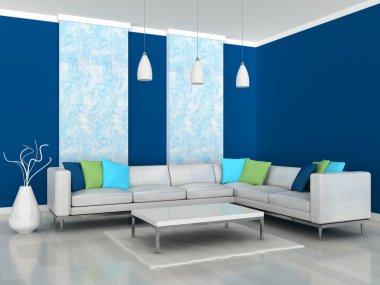 İç modern oda, mavi duvar ve beyaz kanepe
