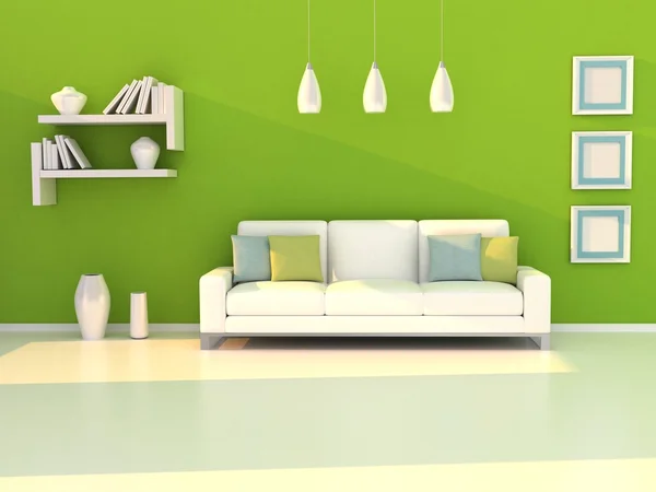 Wnętrza, nowoczesny pokój, zielone ściany i białe kanapy — Zdjęcie stockowe