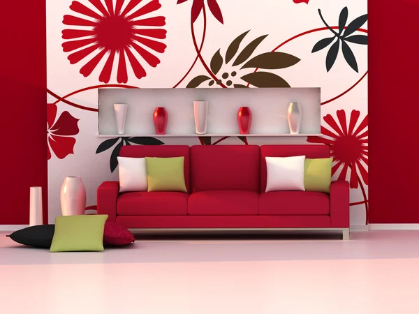Wnętrza, nowoczesny pokój, kwiatowy ściany i czerwona kanapa — Zdjęcie stockowe