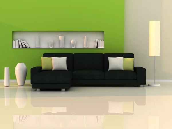 Intérieur de la chambre moderne, mur vert et canapé noir — Photo