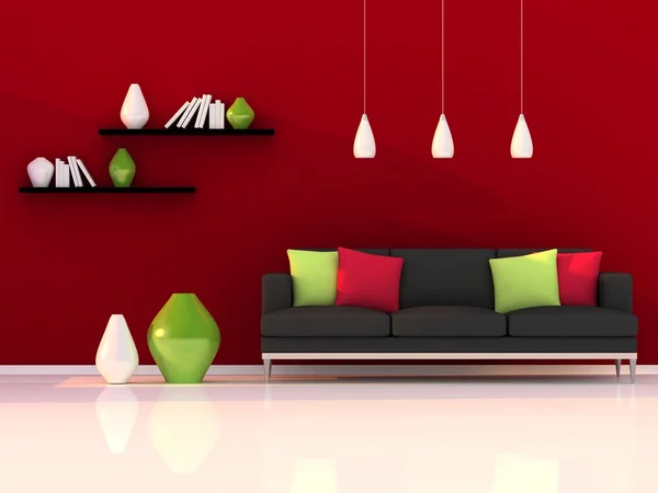 İç modern oda, kırmızı duvar ve siyah kanepe — Stok fotoğraf