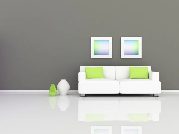Belső a modern szobában, szürke falon és fehér kanapé — Stock Fotó