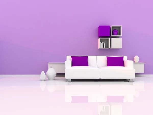 İç modern oda, mor duvar ve beyaz kanepe — Stok fotoğraf
