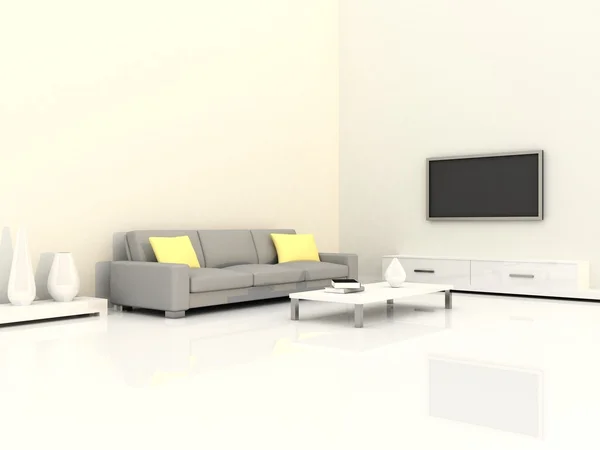 Interior do quarto moderno, parede branca e sofá cinza — Fotografia de Stock