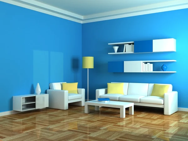 Wnętrza, nowoczesny pokój, białe ściany i szary kanapie — Zdjęcie stockowe