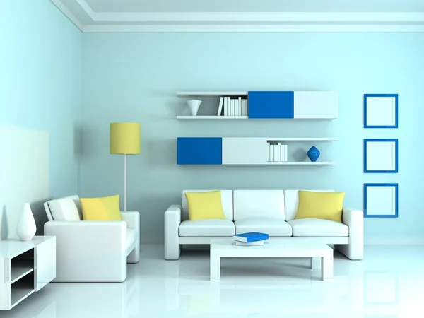 Intérieur de la chambre moderne, mur bleu et deux canapé blanc — Photo