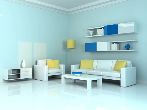 Интерьер современной комнаты, голубая стена и два белых дивана — стоковое фото