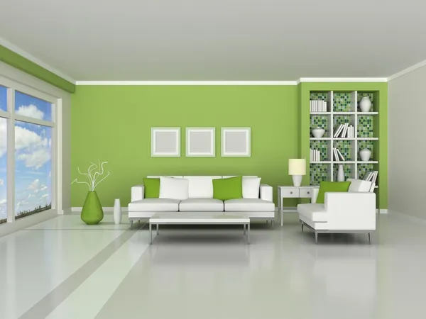 Intérieur de la chambre moderne, mur vert et canapés blancs — Photo