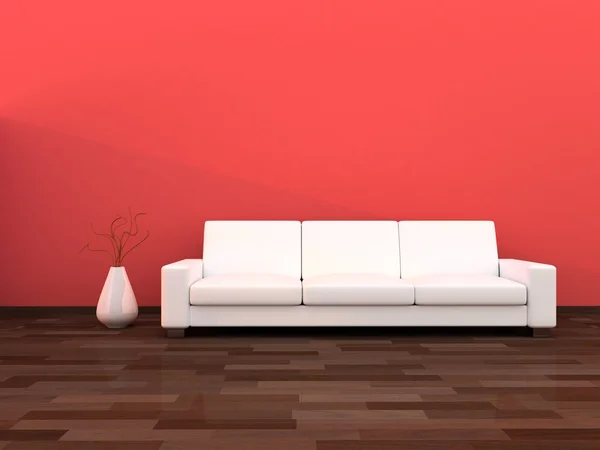 Interior de la habitación moderna, pared de color rojo claro y sofá blanco —  Fotos de Stock