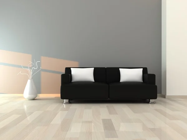 Wnętrza, nowoczesny pokój, szare ściany i czarna sofa — Zdjęcie stockowe