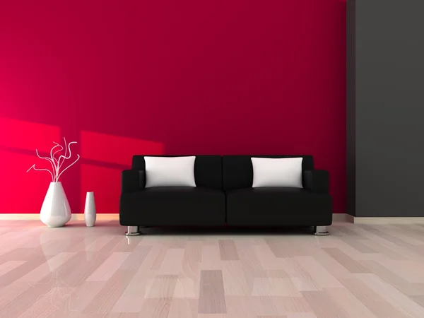 İç modern oda, gri ve pembe duvar ve siyah kanepe — Stok fotoğraf