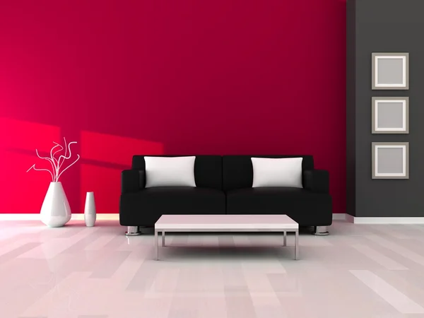 Wnętrza, nowoczesny pokój, ściany szary i różowy i czarny kanapa — Zdjęcie stockowe