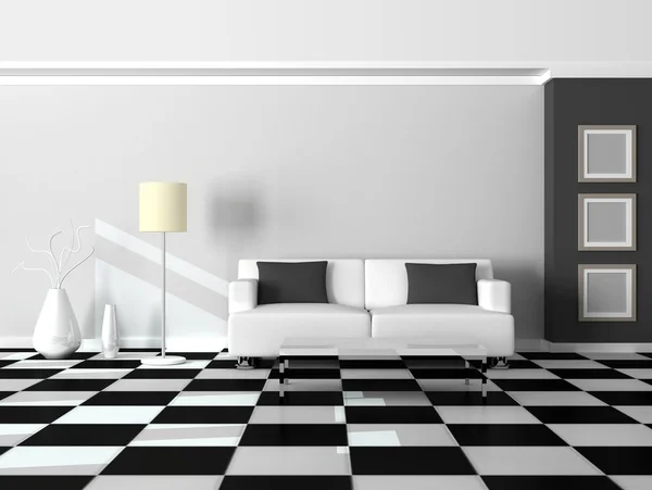 3D-Rendereinrichtung des modernen Zimmers, graue Wand und weißes Sofa — Stockfoto