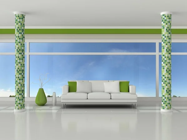 3d 렌더링 인테리어의 현대적인 객실, 녹색 벽과 흰색 소파 — 스톡 사진