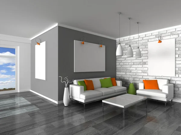 Wnętrza nowoczesnych pokoi, szare ściany i białe sofy — Zdjęcie stockowe