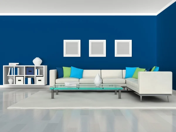 Wnętrza, nowoczesny pokój, niebieskie ściany i białe kanapy — Zdjęcie stockowe