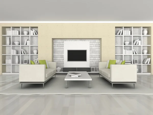 Wnętrza, nowoczesny pokój, brązowe ściany i białe kanapy — Zdjęcie stockowe