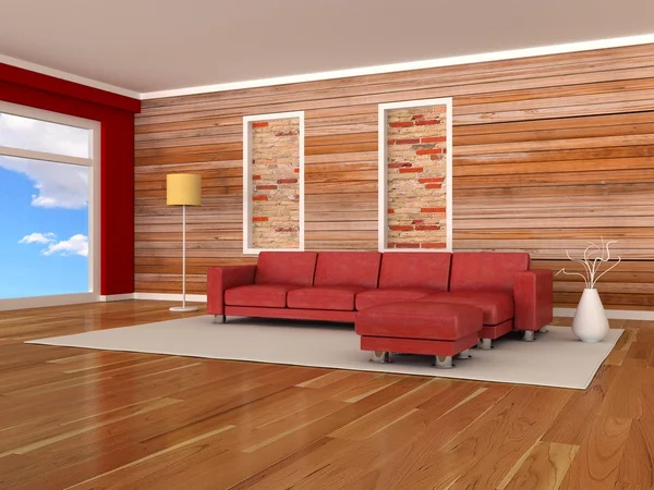 Interior do quarto moderno, parede de madeira, sofá vermelho — Fotografia de Stock
