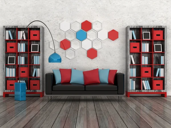 モダンな客室、白い壁、黒いソファのインテリア — ストック写真