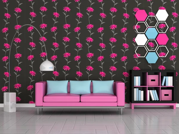 Intérieur de la chambre moderne, mur floral noir, canapé rose — Photo