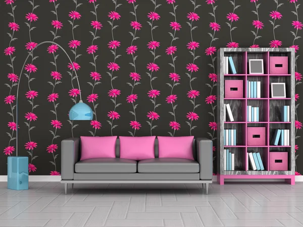 Intérieur de la chambre moderne, mur floral noir, canapé gris — Photo