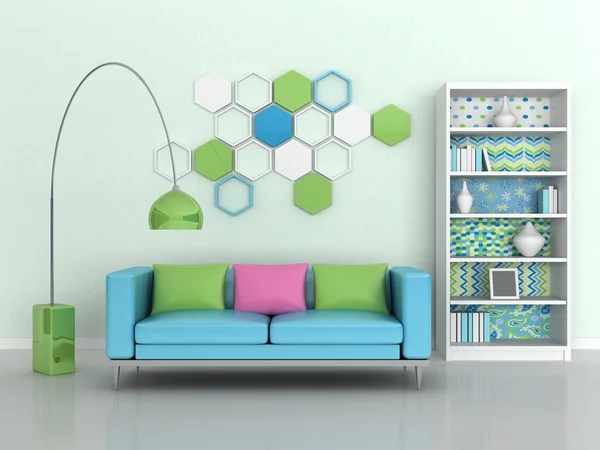 Intérieur de la chambre moderne, mur vert, canapé bleu — Photo