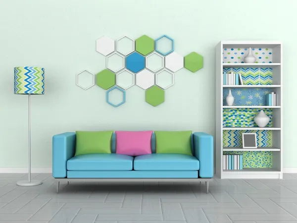 Belső a modern szoba, a zöld fal, a kék kanapé — Stock Fotó