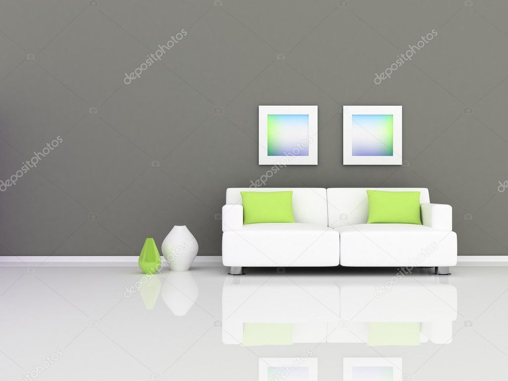 Interior of the modern room, grey wall and white sofa